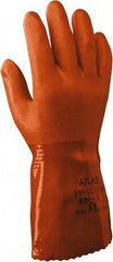 SHOWA - Size 2XL (11), 12" Long, 18 mil Thick, Supported, PVC Chemical Resistant Gloves - Rough Finish, Knit Lined, Gauntlet Cuff, ANSI Abrasion Level 4, ANSI Cut Level 1, ANSI Puncture Level 1, Orange - Best Tool & Supply