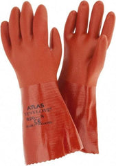 SHOWA - Size S (7), 12" Long, 18 mil Thick, Supported, PVC Chemical Resistant Gloves - Rough Finish, Knit Lined, Gauntlet Cuff, ANSI Abrasion Level 4, ANSI Cut Level 1, ANSI Puncture Level 1, Orange - Best Tool & Supply