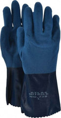 SHOWA - Size L (9), 12" Long, 15 mil Thick, Supported, Nitrile Chemical Resistant Gloves - Rough Finish, Knit Lined, Gauntlet Cuff, ANSI Abrasion Level 6, ANSI Cut Level 2, ANSI Puncture Level 3, Blue - Best Tool & Supply