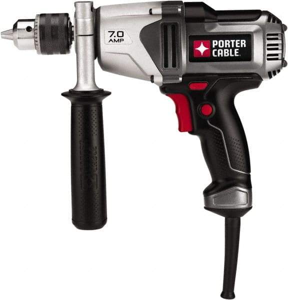 Porter-Cable - 1/2" Keyed Chuck, 800 RPM, Pistol Grip Handle Electric Drill - 7 Amps, 120 Volts, Reversible, Includes Side Handle & Chuck Key with Holder - Best Tool & Supply