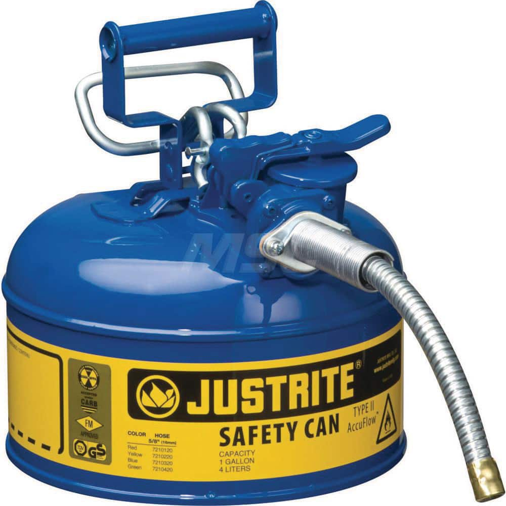 Justrite - Safety Dispensing Cans; Capacity: 1 Gal. ; Material: Steel ; Color: Blue ; Height (Decimal Inch): 10.500000 ; Diameter/Length (mm): 9.50 ; Approval Listing/Regulations: FM Approved; UL; ULC; TUV - Exact Industrial Supply