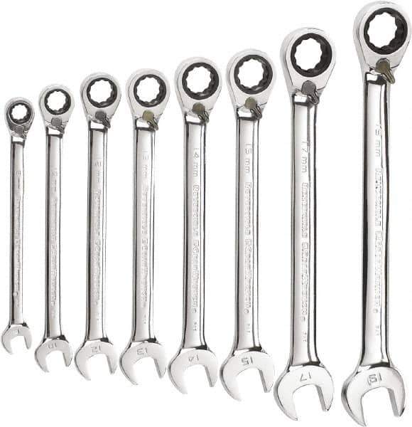 GearWrench - 8 Piece, 8mm to 19mm, 12 Point Reversible Ratcheting Combination Wrench Set - Metric Measurement Standard, Chrome Finish - Best Tool & Supply