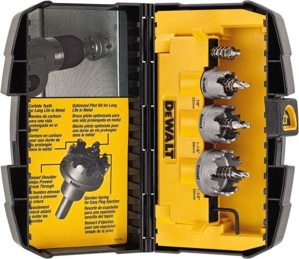 DeWALT - 5 Piece, 7/8" to 1-3/8" Saw Diam, Hole Saw Kit - Carbide-Tipped, Toothed Edge, Includes 3 Hole Saws - Best Tool & Supply