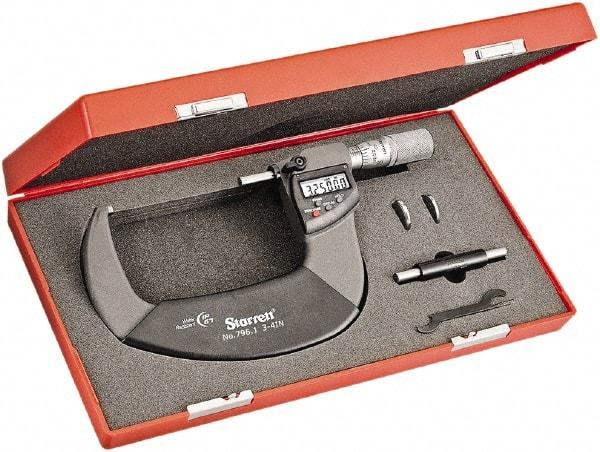 Starrett - 3 to 4" Range, Standard Throat IP67 Electronic Outside Micrometer - Friction Thimble, Carbide Face, CR2032 Battery - Best Tool & Supply