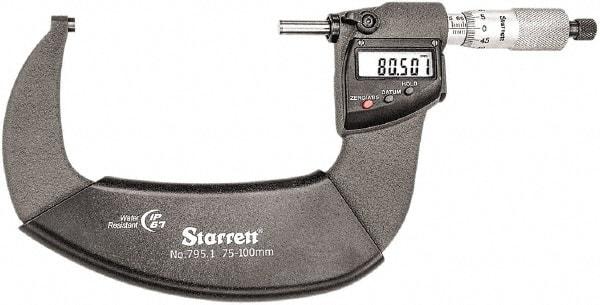 Starrett - Standard Throat IP67 Electronic Outside Micrometer - Ratchet Stop Thimble, Carbide Face, CR2032 Battery - Best Tool & Supply