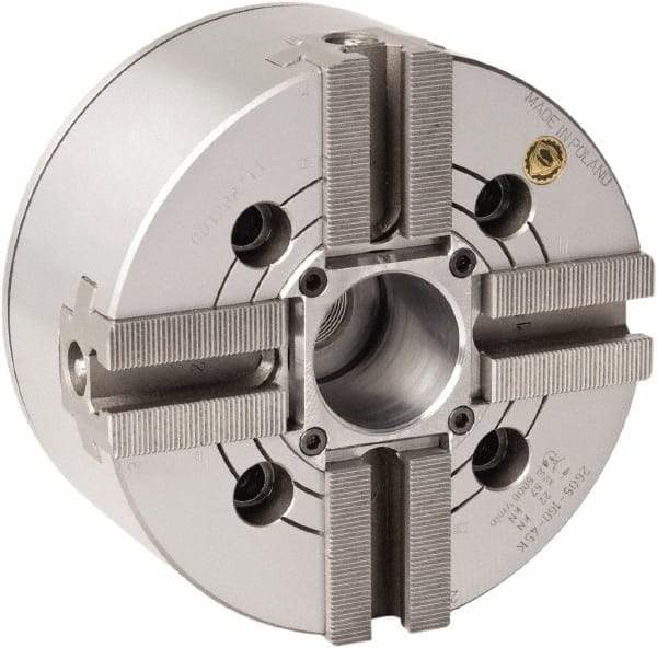 Bison - 4 Jaw, 8.26" Chuck Diam, Plain Back Mount, 52mm Through Hole Diam, Drawtube Hydraulic Power Lathe Chuck - 1.5mm x 60° Serrated Jaw Interface, 0.6299 to 7.874" Jaw Capacity, 4,300 RPM, High Speed Steel Body - Best Tool & Supply