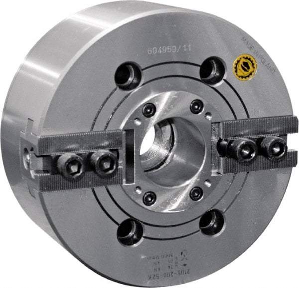 Bison - 2 Jaw, 6.65" Chuck Diam, Plain Back Mount, 45mm Through Hole Diam, Drawtube Hydraulic Power Lathe Chuck - 1.5mm x 60° Serrated Jaw Interface, 0.5905 to 6.7716" Jaw Capacity, 6,000 RPM, High Speed Steel Body - Best Tool & Supply