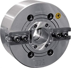 Bison - 2 Jaw, 10" Chuck Diam, Plain Back Mount, 75mm Through Hole Diam, Drawtube Hydraulic Power Lathe Chuck - 1.5mm x 60° Serrated Jaw Interface, 0.8661 to 9.8031" Jaw Capacity, 4,200 RPM, High Speed Steel Body - Best Tool & Supply