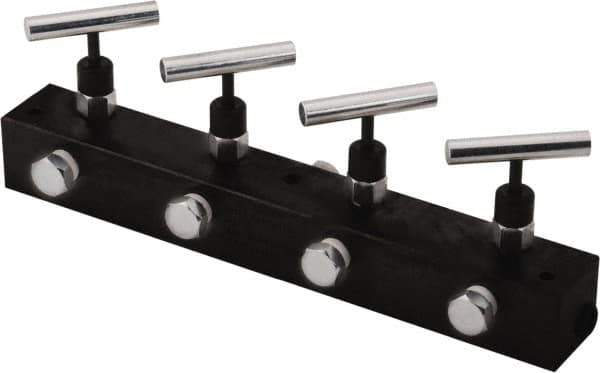 Value Collection - 3/8" Inlet, 3/8" Outlet Manifold with Four Needle Valves - 12" Long x 1.62" Wide x 4.13" High, 0.28" Mount Hole, 212°F Max, 10,000 Max PSI, 4 Inlet Ports, 4 Outlet Ports - Best Tool & Supply