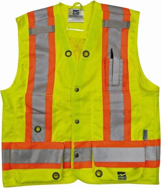 Viking - Size 2XL High Visibility Lime Solid Surveyor's Vest - 51" Chest, CSA Z96-09 Class 2, Level 2, ANSI 107-2010 Class 2, Level 2, Snaps Closure, 8 Pockets, Polyester - Best Tool & Supply