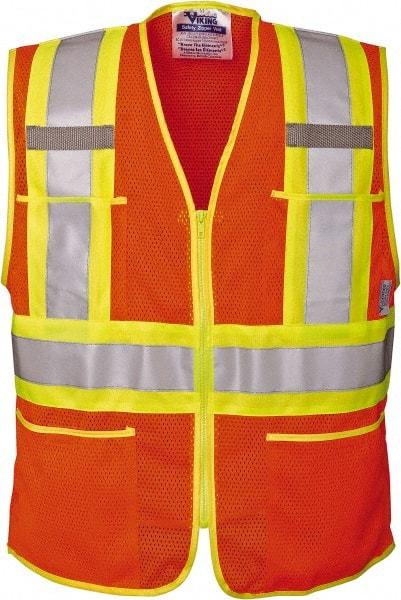 Viking - Size 2XL High Visibility Orange Mesh Public Safety Vest - 51" Chest, ANSI 107-2010 Class 2, Level 2, Zipper Closure, 4 Pockets, Polyester - Best Tool & Supply