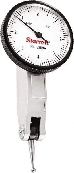 Starrett - 0.008 Inch Range, 0.0001 Inch Dial Graduation, Horizontal Dial Test Indicator - 1-1/4 Inch White Dial, 0-4-0 Dial Reading - Best Tool & Supply