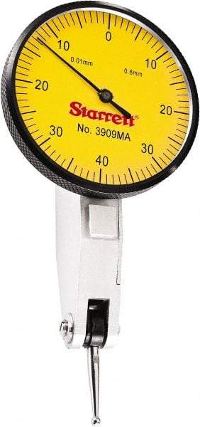 Starrett - 0.8 mm Range, 0.01 mm Dial Graduation, Horizontal Dial Test Indicator - 1-9/16 Inch Yellow Dial, 0-40-0 Dial Reading - Best Tool & Supply