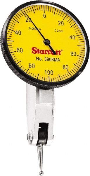 Starrett - 0.2 mm Range, 0.002 mm Dial Graduation, Horizontal Dial Test Indicator - 1-9/16 Inch Yellow Dial, 0-100-0 Dial Reading - Best Tool & Supply