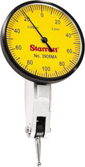 Starrett - 0.2 mm Range, 0.002 mm Dial Graduation, Horizontal Dial Test Indicator - 1-9/16 Inch Yellow Dial, 0-100-0 Dial Reading - Best Tool & Supply