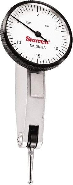 Starrett - 0.03 Inch Range, 0.0005 Inch Dial Graduation, Horizontal Dial Test Indicator - 1-9/16 Inch White Dial, 0-15-0 Dial Reading - Best Tool & Supply