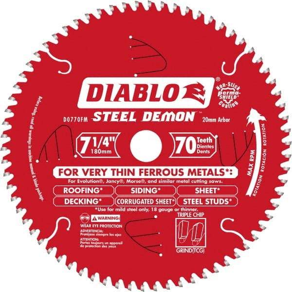 Freud - 7-1/4" Diam, 20mm Arbor Hole Diam, 70 Tooth Wet & Dry Cut Saw Blade - Carbide-Tipped, Burr-Free Action, Standard Round Arbor - Best Tool & Supply