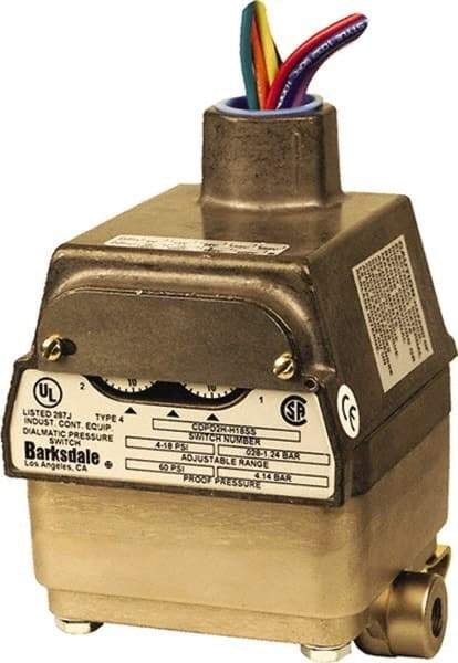 Barksdale - 0.4 to 18 psi Adjustable Range, 60 Max psi, Differential Pressure Switch - 1/8 NPT Female, 18in Free Leads, SPDT Contact, 300SS Wetted Parts, 0.5% Repeatability - Best Tool & Supply