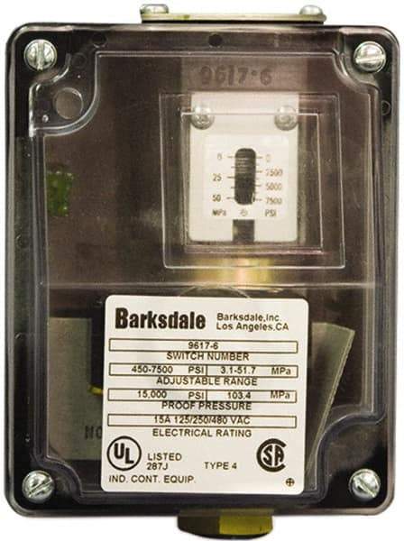 Barksdale - 450 to 7,500 psi Adjustable Range, 15,000 Max psi, Sealed Piston Pressure Switch - 1/4 NPT Female, Screw Terminals, SPDT Contact, Brass Wetted Parts, 2% Repeatability - Best Tool & Supply