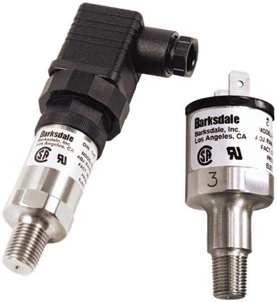 Barksdale - 5 to 50 psi Adjustable Range, 100 Max psi, Compact Pressure Switch - 1/4 NPT Male, DIN 43650, Without Plug, SPDT Contact, SS Wetted Parts, 8% Repeatability - Best Tool & Supply