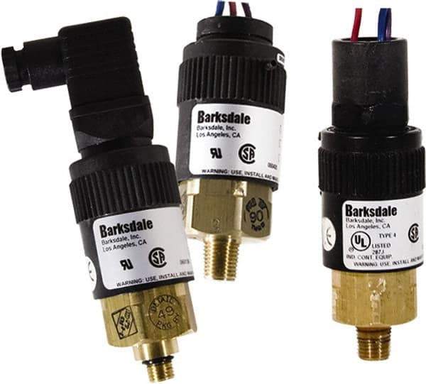 Barksdale - 5 to 35 psi Adjustable Range, 1,000 Max psi, Compact Pressure Switch - 1/4 NPT Male, DIN 43650, SPDT Contact, Brass Wetted Parts, 2% Repeatability - Best Tool & Supply