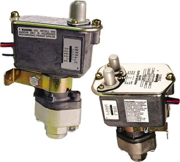 Barksdale - 35 to 400 psi Adjustable Range, 3,000 Max psi, Sealed Piston Pressure Switch - 1/4 NPT Female, 18in Free Leads, SPDT Contact, Nickel Plated Al Wetted Parts, 2% Repeatability - Best Tool & Supply