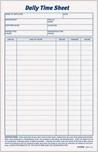 TOPS - 5-1/2" High x 8-1/2" Wide Daily Time & Job Sheets - Gray, White, Use with Manual Entries - Best Tool & Supply