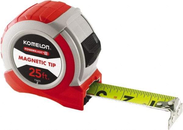 Komelon - 25' x 1-1/16" Yellow Steel Blade Tape Measure - 1/4, 1/8 & 1/16" Graduation, Red ABS Plastic Case - Best Tool & Supply