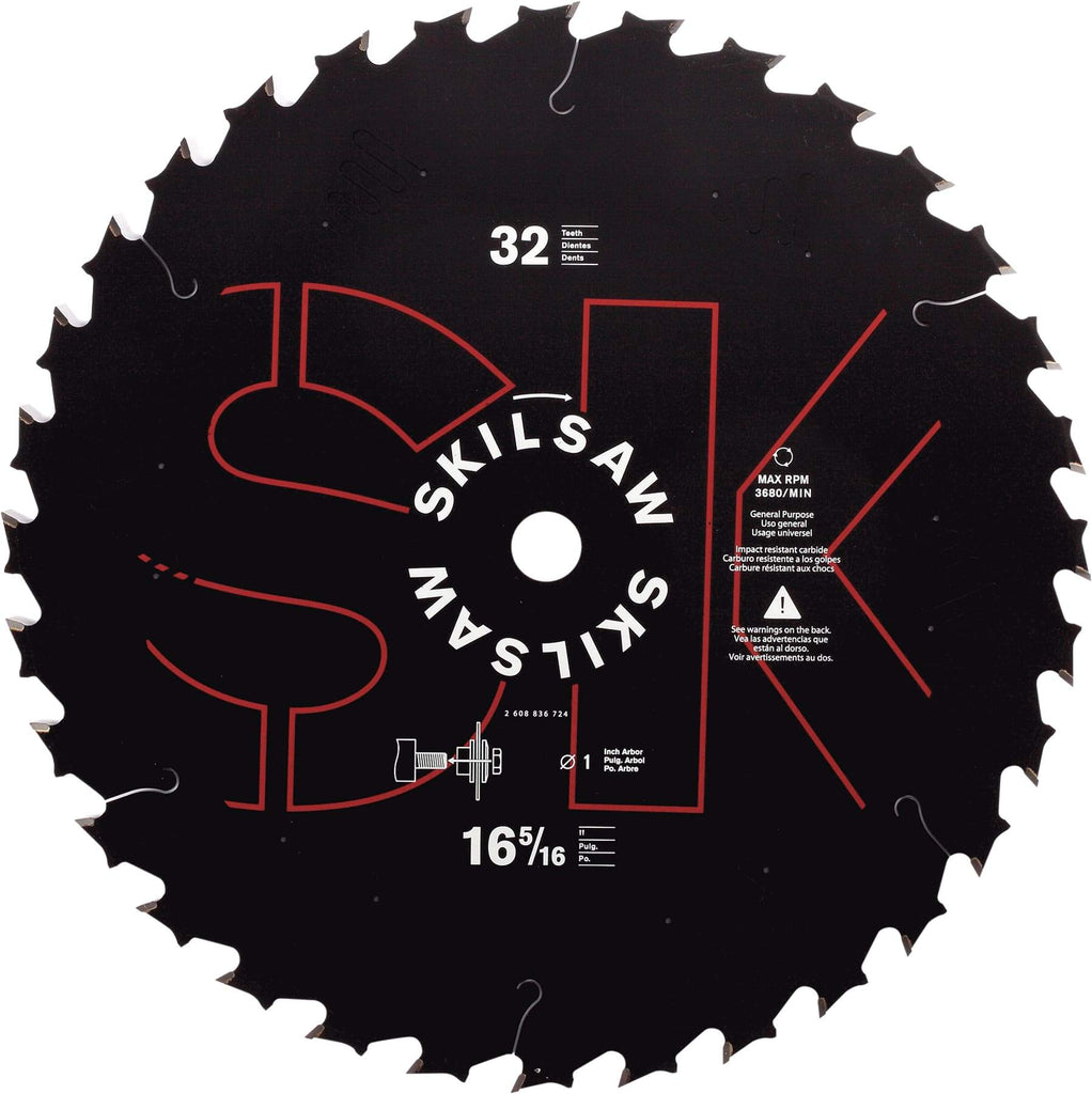 Skilsaw - 16-5/16" Diam, 1" Arbor Hole Diam, 32 Tooth Wet & Dry Cut Saw Blade - Carbide-Tipped, Cutoff Action, Standard Round Arbor - Best Tool & Supply