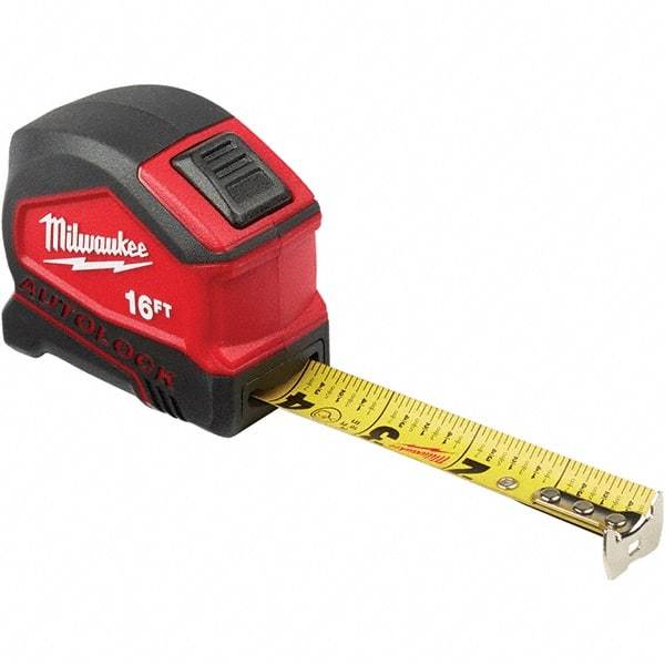 Milwaukee Tool - 16' x 1" Yellow Steel Blade Tape Measure - 1/16" & 1/10' Graduation, Inch Graduation Style, Red/Black Plastic Case - Best Tool & Supply