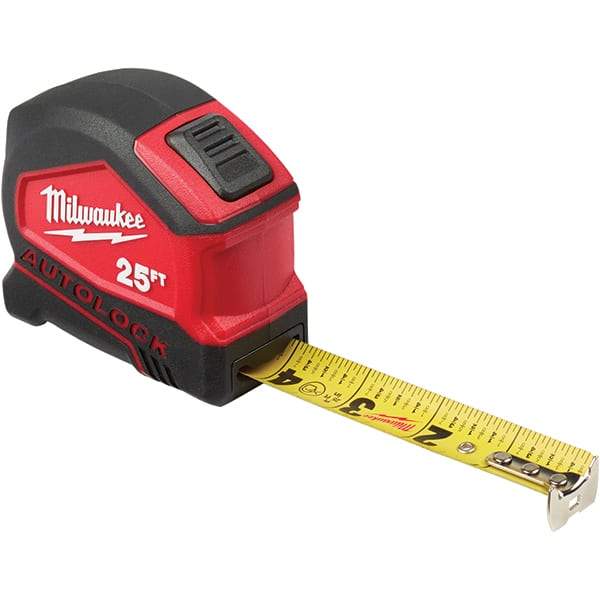 Milwaukee Tool - 25' x 1" Yellow Steel Blade Tape Measure - 1/16" & 1/10' Graduation, Inch Graduation Style, Red/Black Plastic Case - Best Tool & Supply