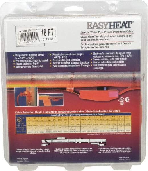 EasyHeat - 18' Long, Preassembled, Fixed Length, Fixed Wattage, Protection Heat Cable - 120 Input Volts, 126 Watts - Best Tool & Supply