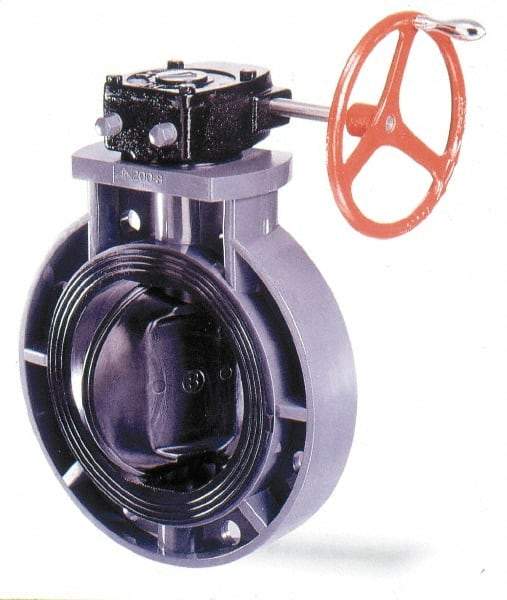 Simtech - 10" Pipe, Wafer Butterfly Valve - Gear Handle, PVC Body, Viton Seat, 150 WOG, Polypropylene Disc, Stainless Steel Stem - Best Tool & Supply