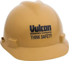 MSA - ANSI Type I, Class E Rated, 4-Point, Ratchet Adjustment Hard Hat - Size 6-1/2 to 8, Gold, Standard Brim, Vulcan - Best Tool & Supply