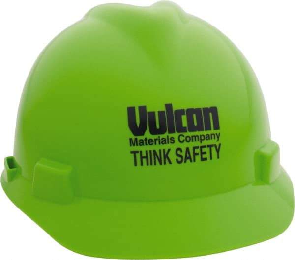 MSA - ANSI Type I, Class E Rated, 4-Point, Ratchet Adjustment Hard Hat - Size 6-1/2 to 8, Bright Lime Green, Standard Brim, Vulcan - Best Tool & Supply