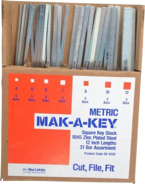 Made in USA - 12" Long, Zinc-Plated Key Stock Assortment - C1045 Steel - Best Tool & Supply