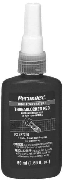 Permatex - 50 mL Bottle, Red, High Strength Liquid Threadlocker - Series 272, 24 hr Full Cure Time, Hand Tool, Heat Removal - Best Tool & Supply