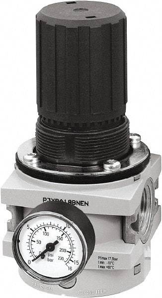 Parker - 1 NPT Port, 550 CFM, Aluminum Hi-Flow Regulator - 0 to 232 psi Range, 254 Max psi Supply Pressure, 1/4" Gauge Port Thread, 3-1/2" Wide x 7.2" High - Best Tool & Supply