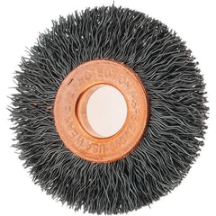 Tru-Maxx - 1-1/2" OD, 3/8" Arbor Hole, Crimped Steel Wheel Brush - 1/4" Face Width, 7/16" Trim Length, 0.0104" Filament Diam, 20,000 RPM - Best Tool & Supply