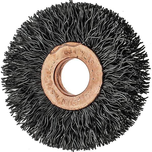 Tru-Maxx - 2" OD, 1/2" Arbor Hole, Crimped Steel Wheel Brush - 3/8" Face Width, 1/2" Trim Length, 0.014" Filament Diam, 20,000 RPM - Best Tool & Supply