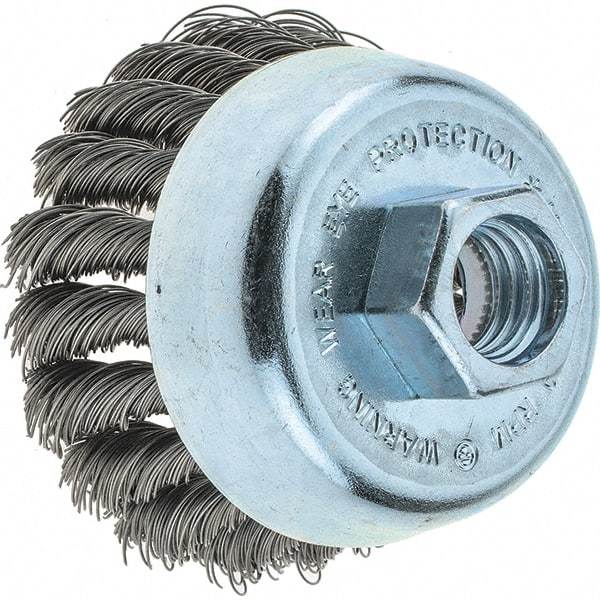 Tru-Maxx - 2-3/4" Diam, 5/8-11 Threaded Arbor, Steel Fill Cup Brush - 0.014 Wire Diam, 1" Trim Length, 14,000 Max RPM - Best Tool & Supply