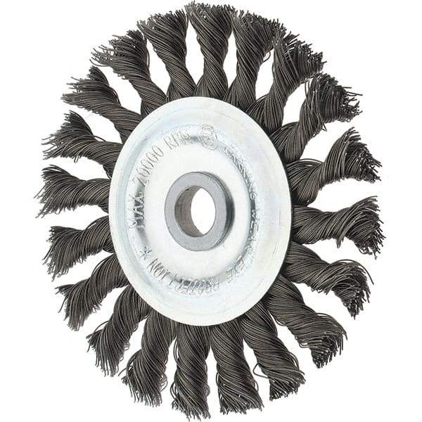 Tru-Maxx - 4" OD, 1/2" Arbor Hole, Knotted Steel Wheel Brush - 5/8" Face Width, 7/8" Trim Length, 0.014" Filament Diam, 20,000 RPM - Best Tool & Supply