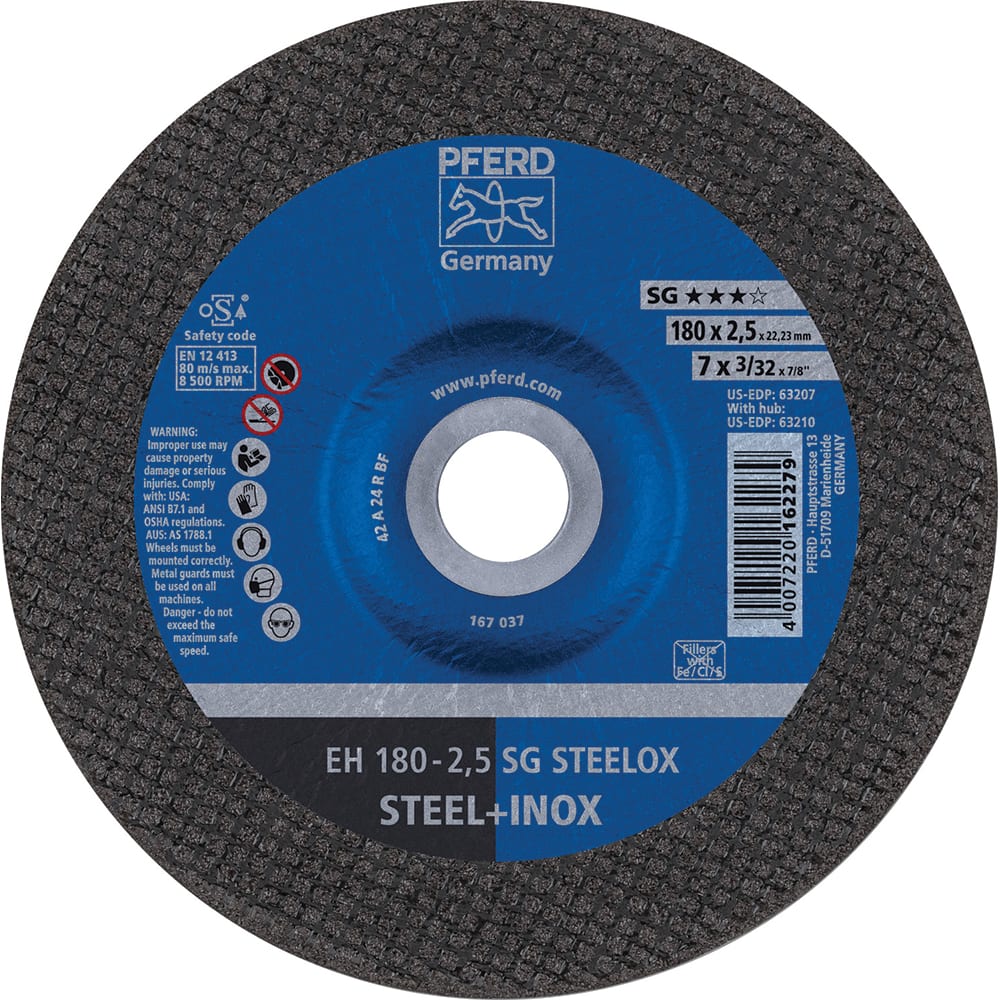 PFERD - Depressed-Center Wheels; Hole Size (Inch): 7/8 ; Connector Type: Arbor ; Wheel Type Number: Type 1 ; Abrasive Material: Aluminum Oxide ; Maximum RPM: 8500.000 ; Bond Type: Resinoid - Exact Industrial Supply