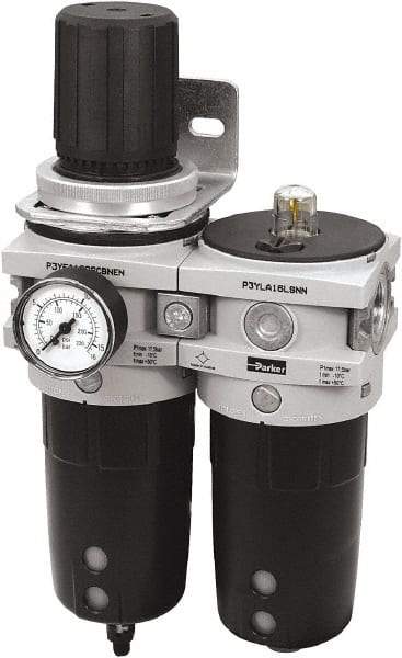 Parker - 3/4" NPT Port Heavy-Duty 2 Piece Filter/Regulator-Lubricator FRL Unit - Polypropylene Bowl, 315 SCFM, 254 Max psi, 13-1/2" High, Manual Drain - Best Tool & Supply