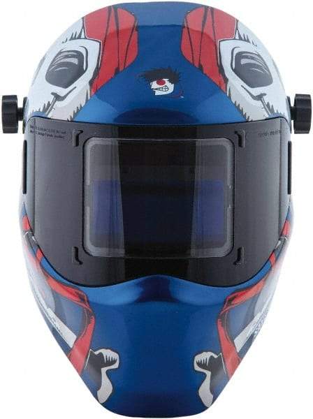 Save Phace - 3.82" Window Width x 1.85" Window Height, 4, 9 to 13 Shade Auto-Darkening Lens, Fixed Front Welding Helmet - Red/White/Blue, Nylon Green Lens - Best Tool & Supply