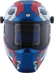 Save Phace - 3.82" Window Width x 1.85" Window Height, 4, 9 to 13 Shade Auto-Darkening Lens, Fixed Front Welding Helmet - Red/White/Blue, Nylon Green Lens - Best Tool & Supply