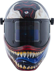 Save Phace - 3.82" Window Width x 1.85" Window Height, 4, 9 to 13 Shade Auto-Darkening Lens, Fixed Front Welding Helmet - Red/White/Blue/Silver, Nylon Green Lens - Best Tool & Supply