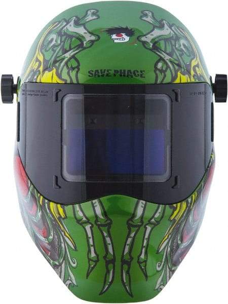 Save Phace - 3.82" Window Width x 1.85" Window Height, 4, 9 to 13 Shade Auto-Darkening Lens, Fixed Front Welding Helmet - Green/Blue/Yellow/Red, Nylon Green Lens - Best Tool & Supply