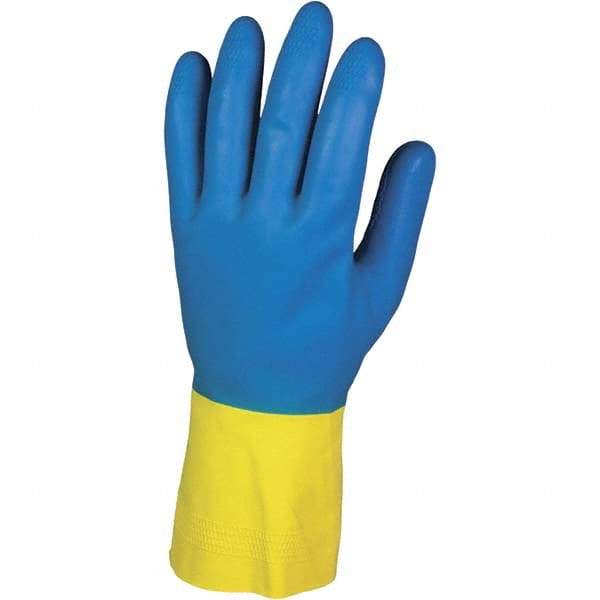 KleenGuard - Size L (9), 12" Long, 27.5 mil Thick, Supported, Latex/Neoprene Chemical Resistant Gloves - Textured Finish, Cotton Lined, Straight Cuff, Blue/Yellow, FDA Approved - Best Tool & Supply