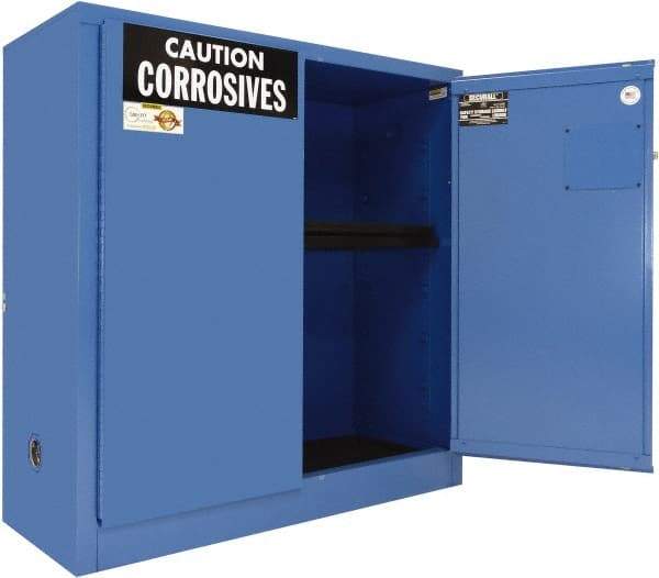 Securall Cabinets - 2 Door, 1 Shelf, Blue Steel Standard Safety Cabinet for Corrosive Chemicals - 44" High x 43" Wide x 18" Deep, Manual Closing Door, 3 Point Key Lock, 30 Gal Capacity - Best Tool & Supply